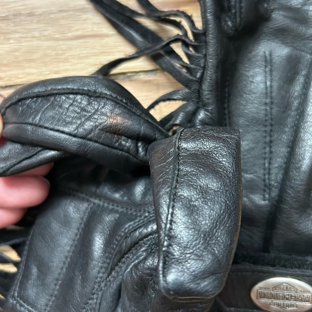 VTG 90s HARLEY DAVISON Black Leather FRINGE Biker WOMENS Gloves - Picture 7 of 7